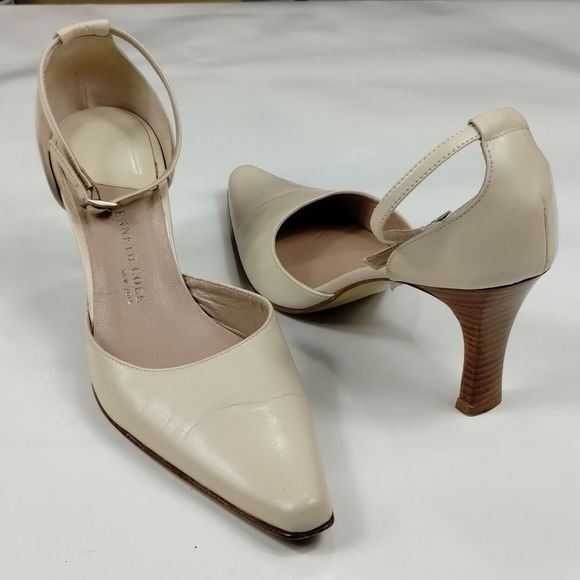 Kenneth Cole Beige Leather Close Toe Ankle Strap Wood High Heel - Picture 2 of 12
